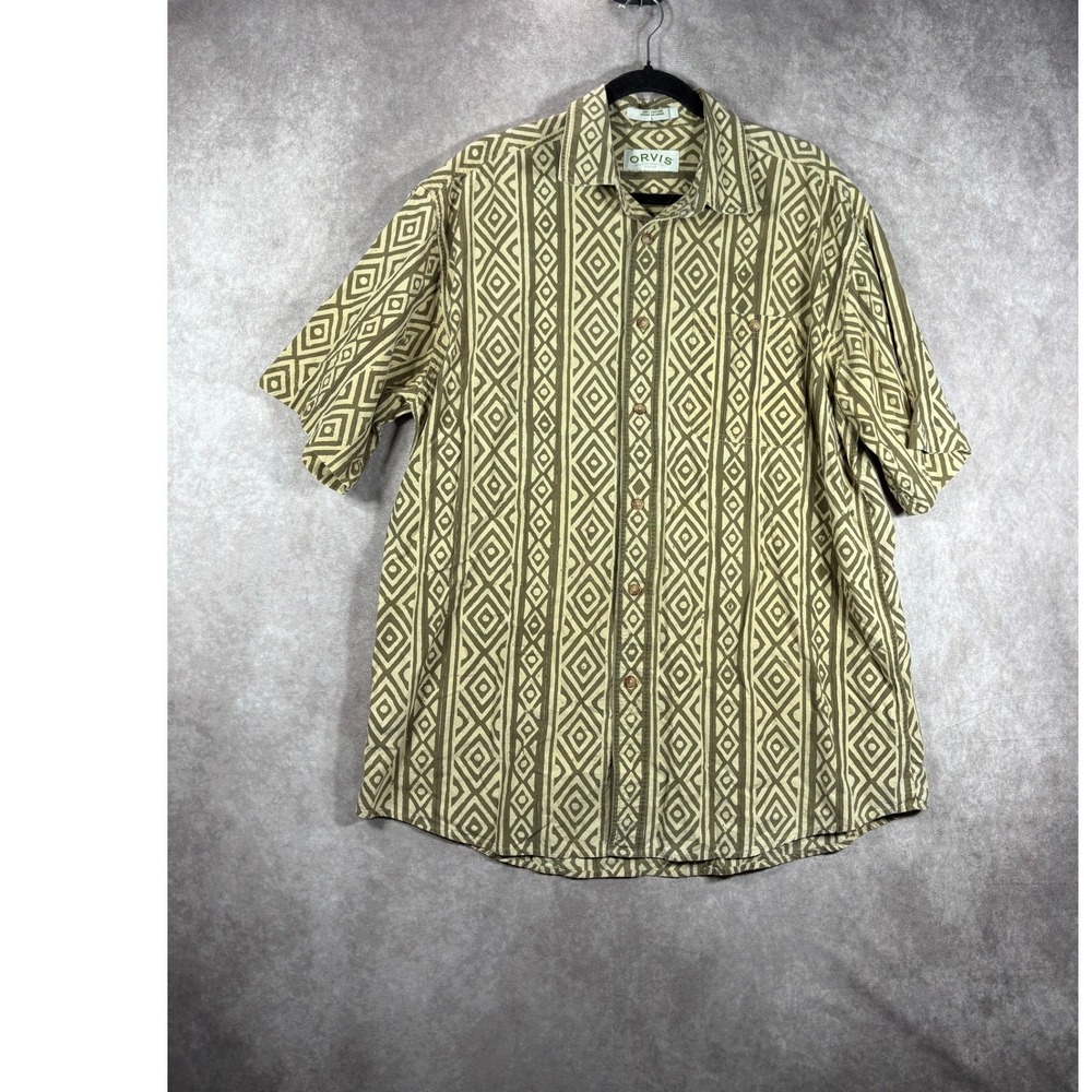 Orvis Button Up Mens L Brown Geometric Tribal Short Sleeve Cotton Southwestern